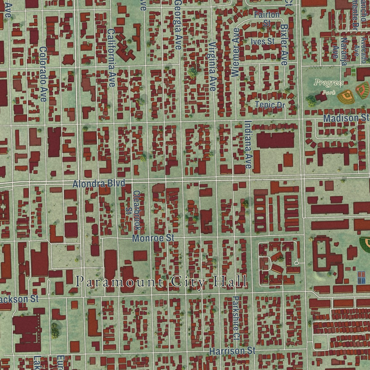 Close-up of the map of Paramount, California print showing street and building detail