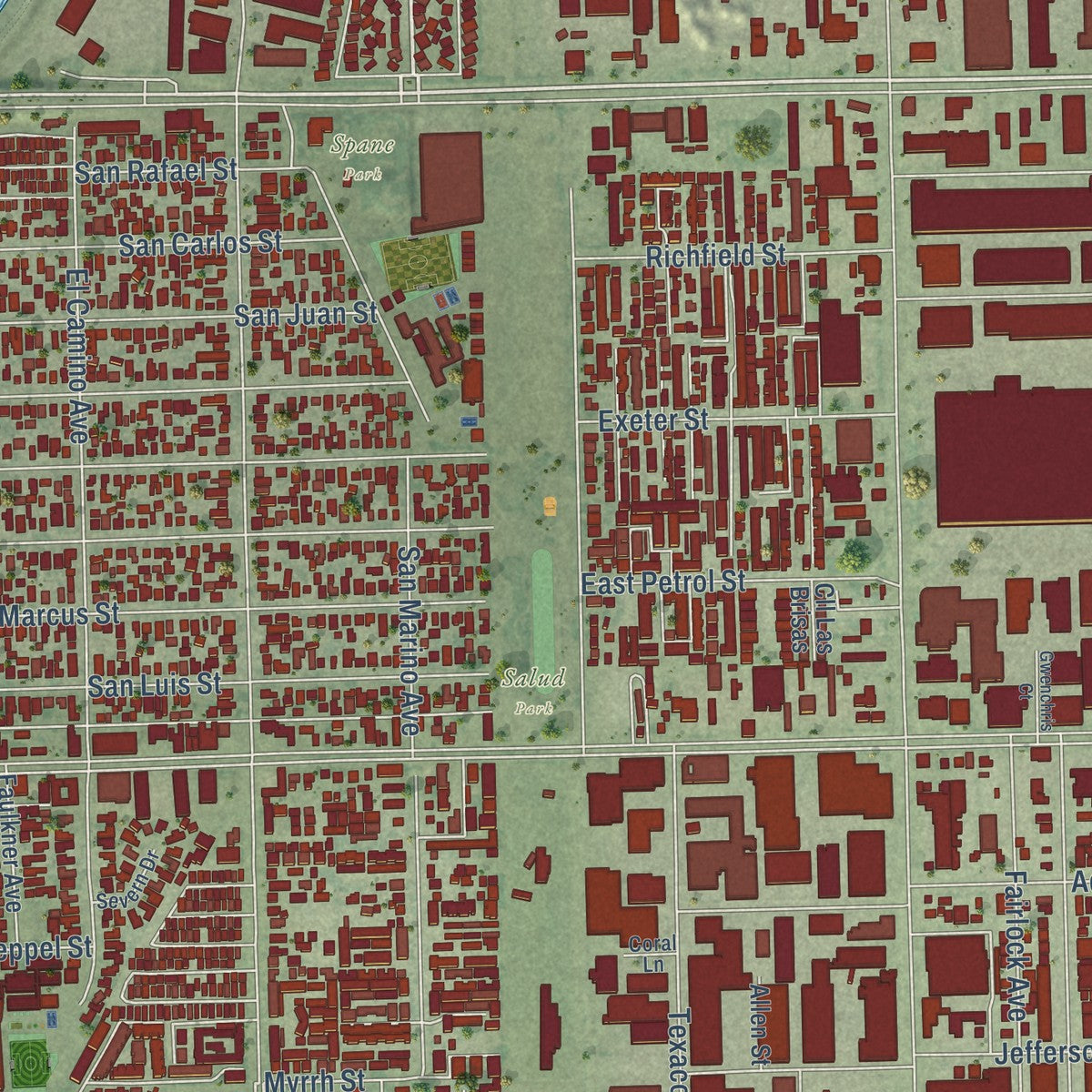 Second close-up of the map of Paramount, California print showing more streets and buildings