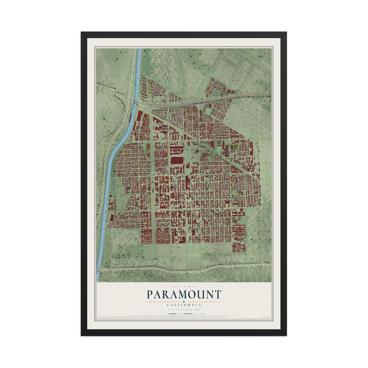 Map of Paramount, California, 12 x 18 inch print in a black wood frame