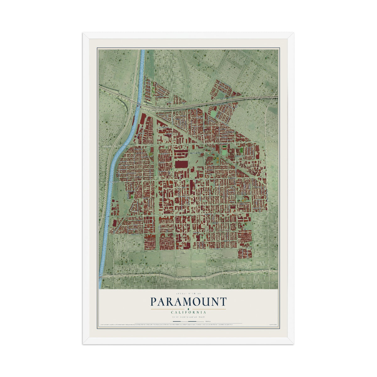 Map of Paramount, California, 12 x 18 inch print in a white wood frame