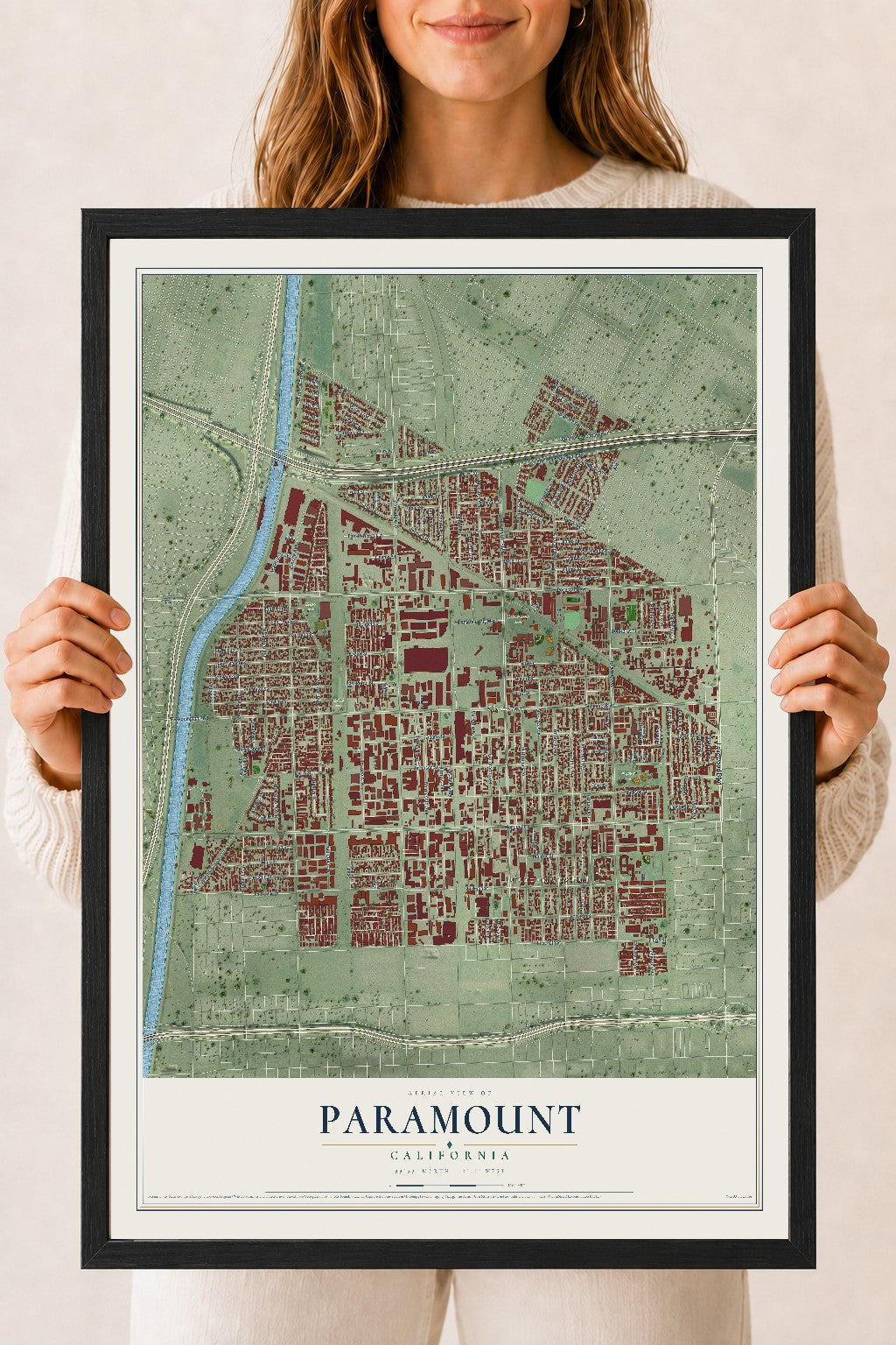 Map of Paramount, California, 18 x 24 inch print in a black wood frame