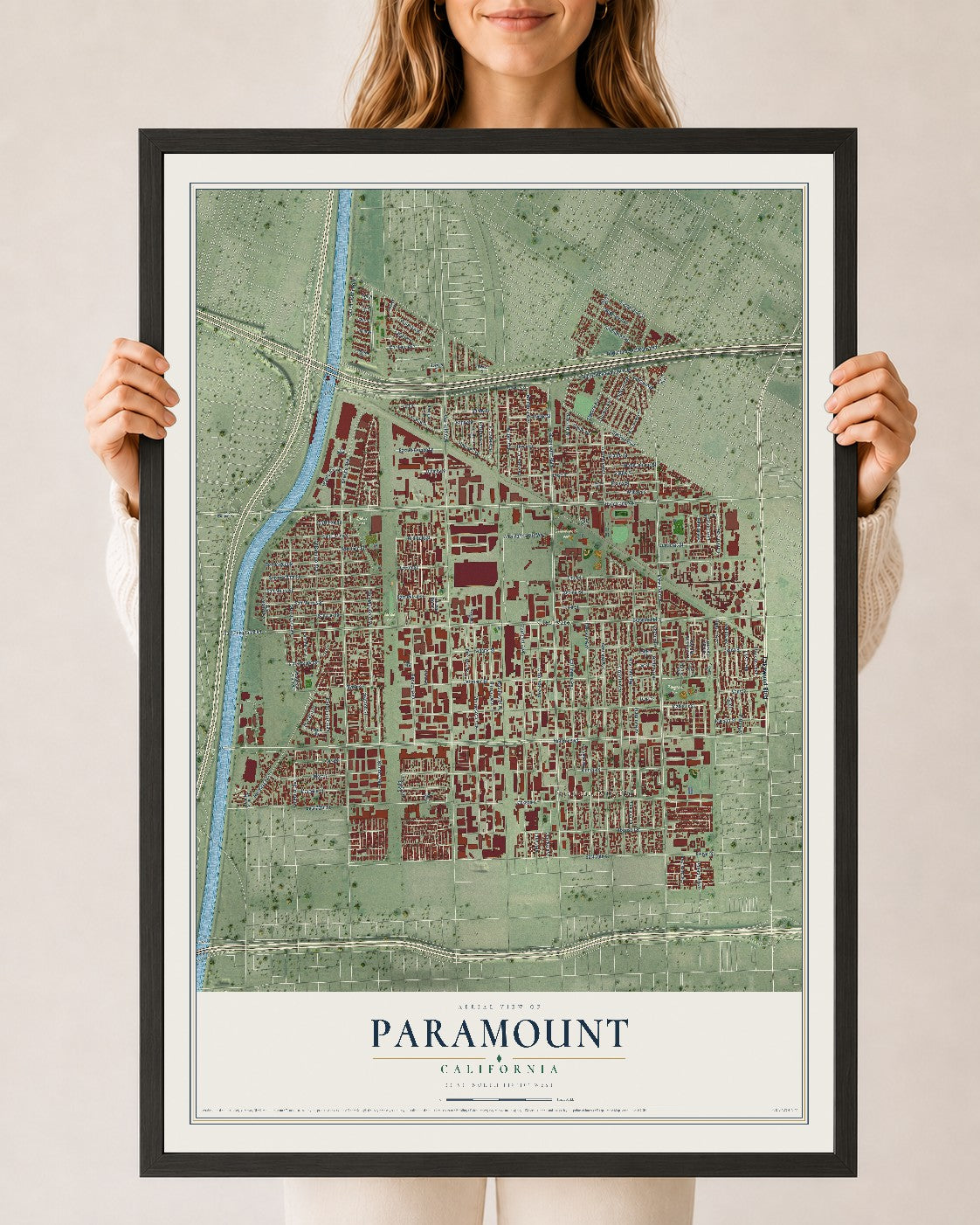 Map of Paramount, California, 24 x 36 inch print in a black wood frame