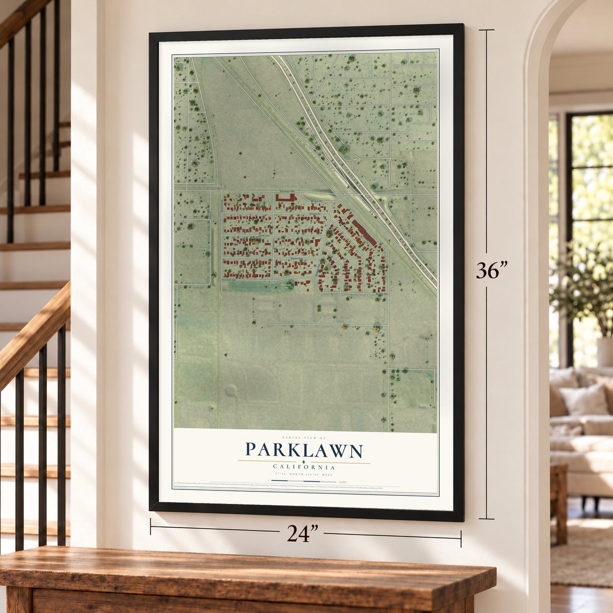 Parklawn, California map, 24 x 36 inch print in a black frame by a staircase