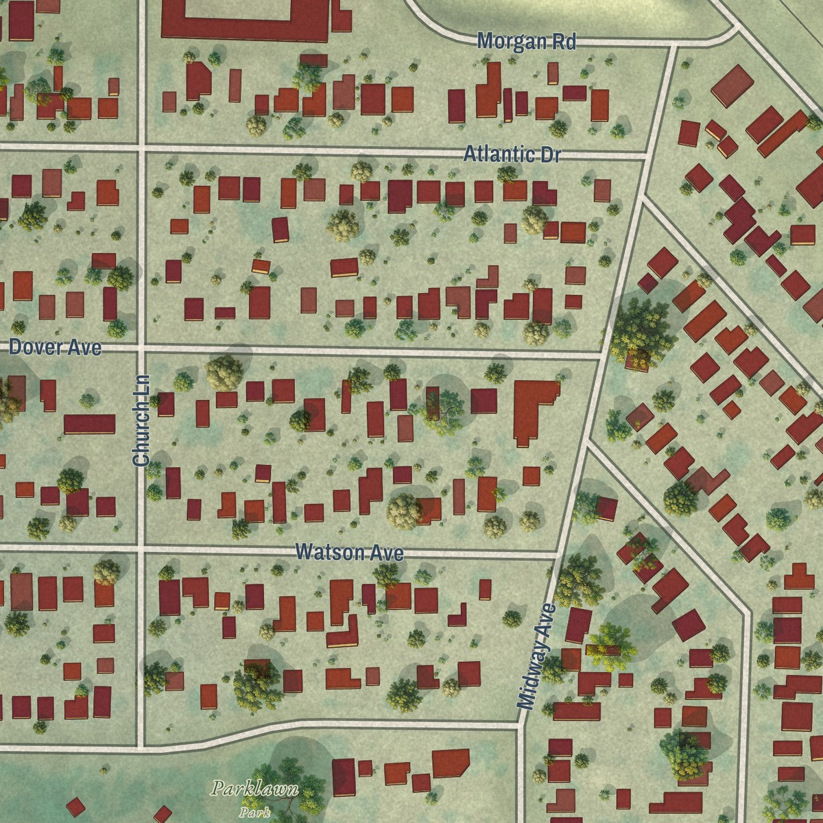 Close-up of the map of Parklawn, California print showing street and building detail