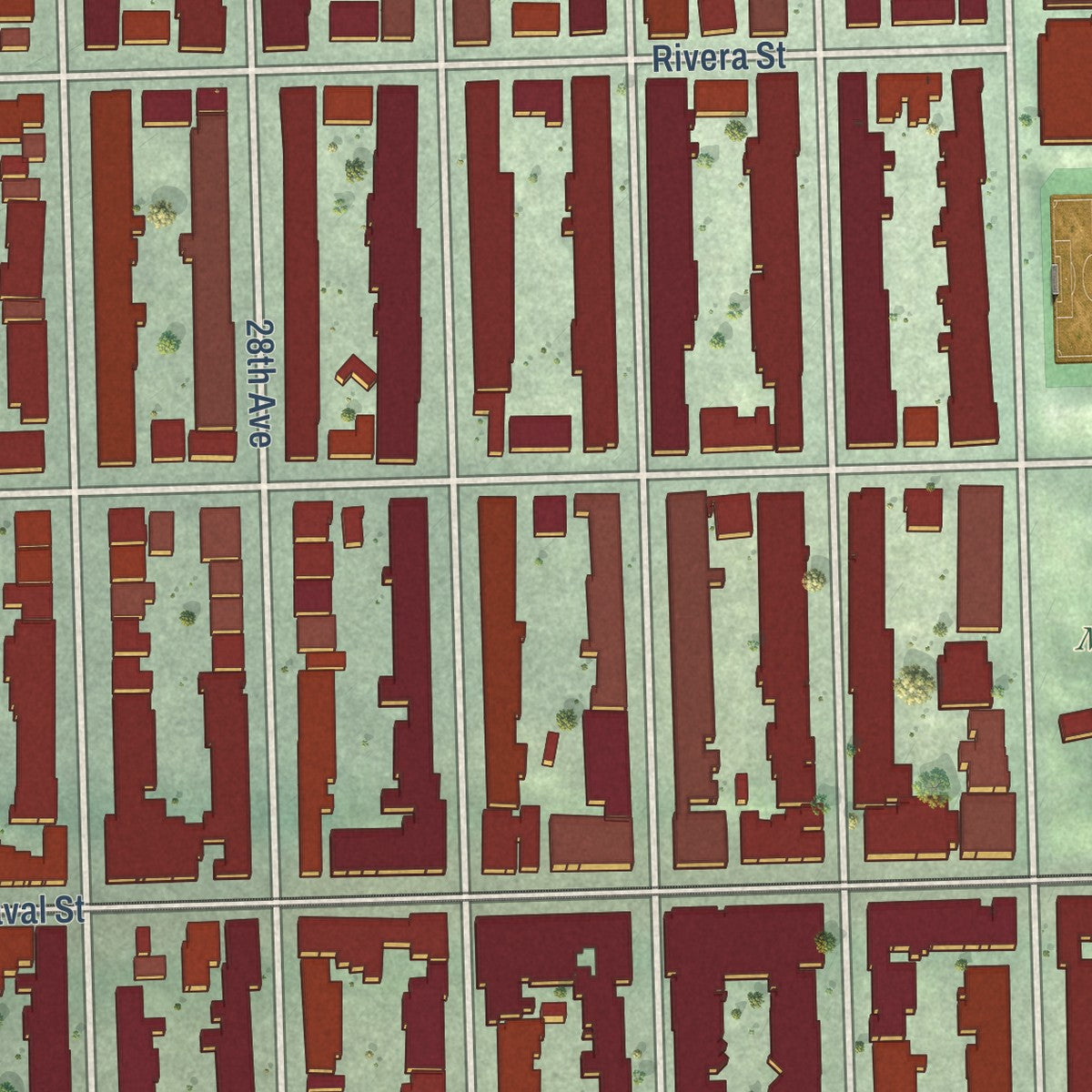 Close-up of the map of Parkside, California print showing street and building detail