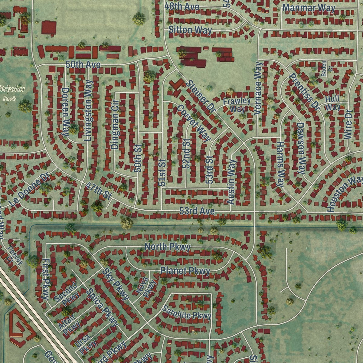 Close-up of the map of Parkway, California print showing street and building detail