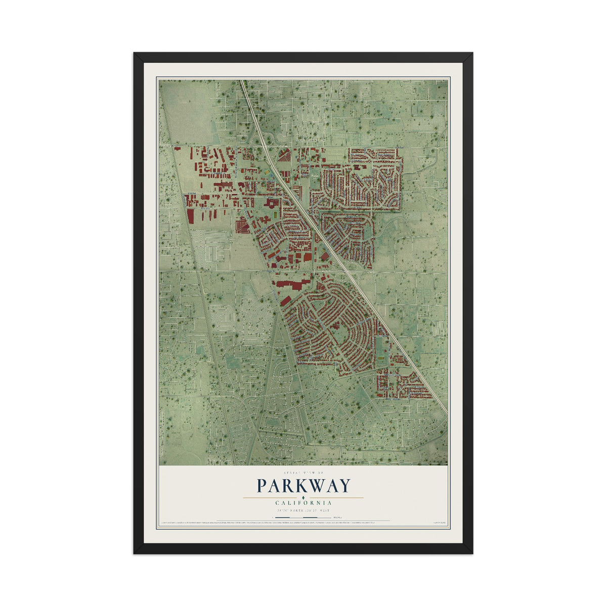 Map of Parkway, California, 12 x 18 inch print in a black wood frame