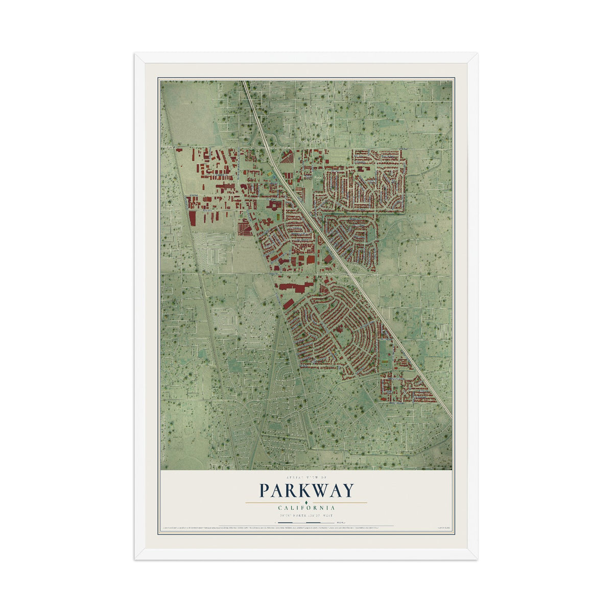 Map of Parkway, California, 12 x 18 inch print in a white wood frame