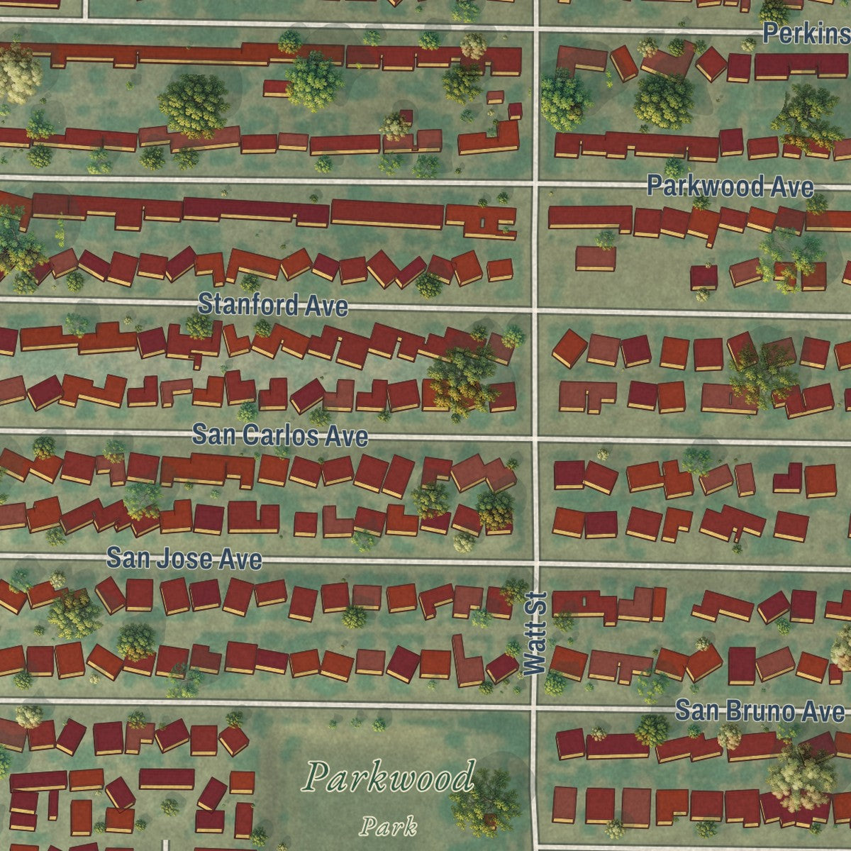 Close-up of the map of Parkwood, California print showing street and building detail