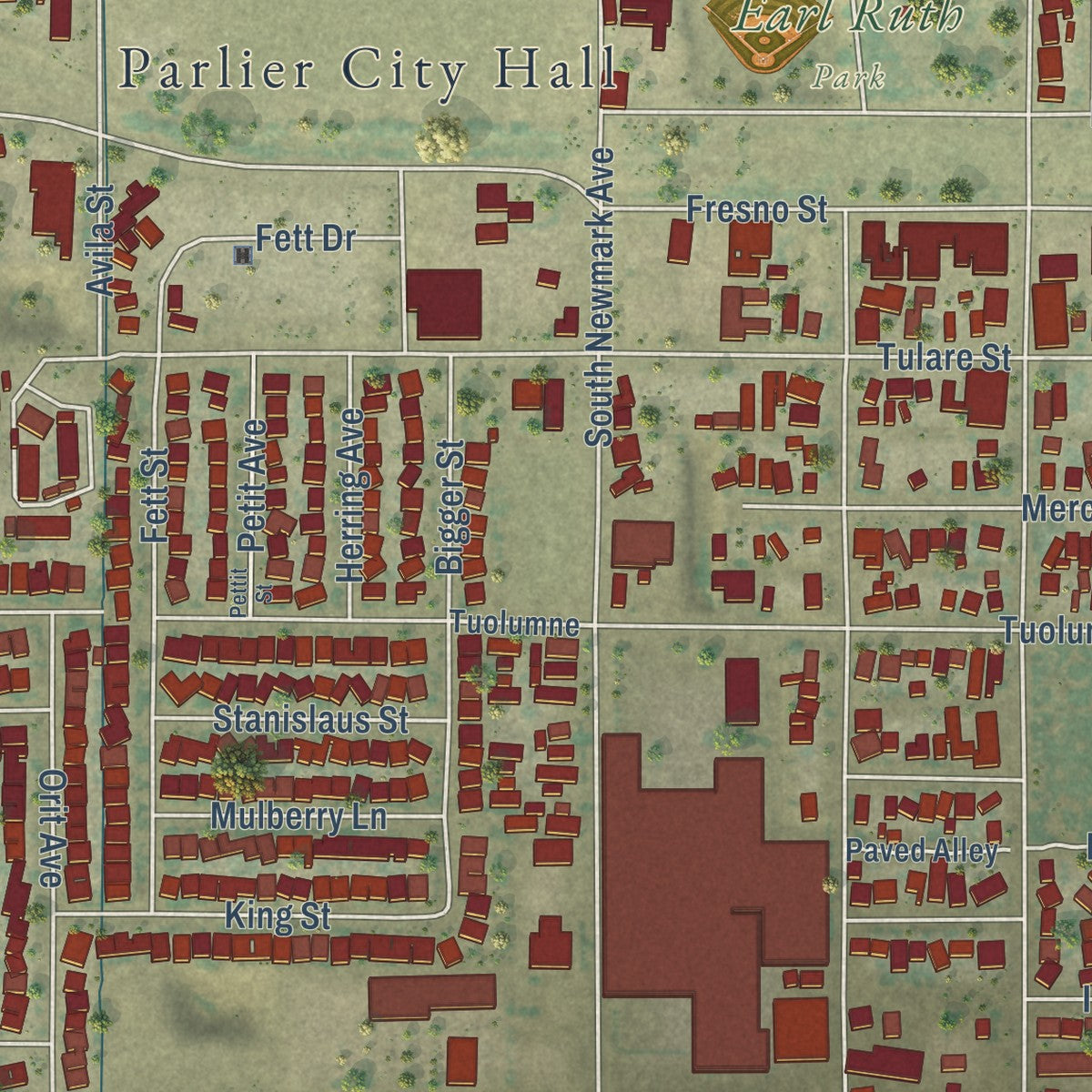 Close-up of the map of Parlier, California print showing street and building detail