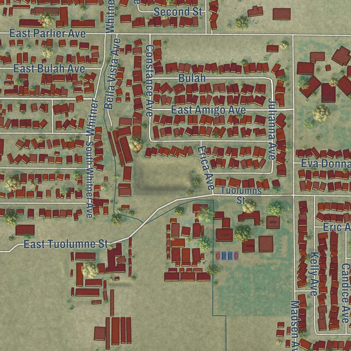 Second close-up of the map of Parlier, California print showing more streets and buildings