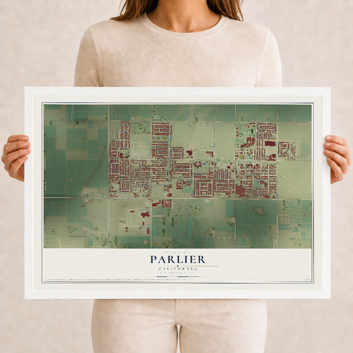 Map of Parlier, California, 12 x 18 inch print in a white wood frame
