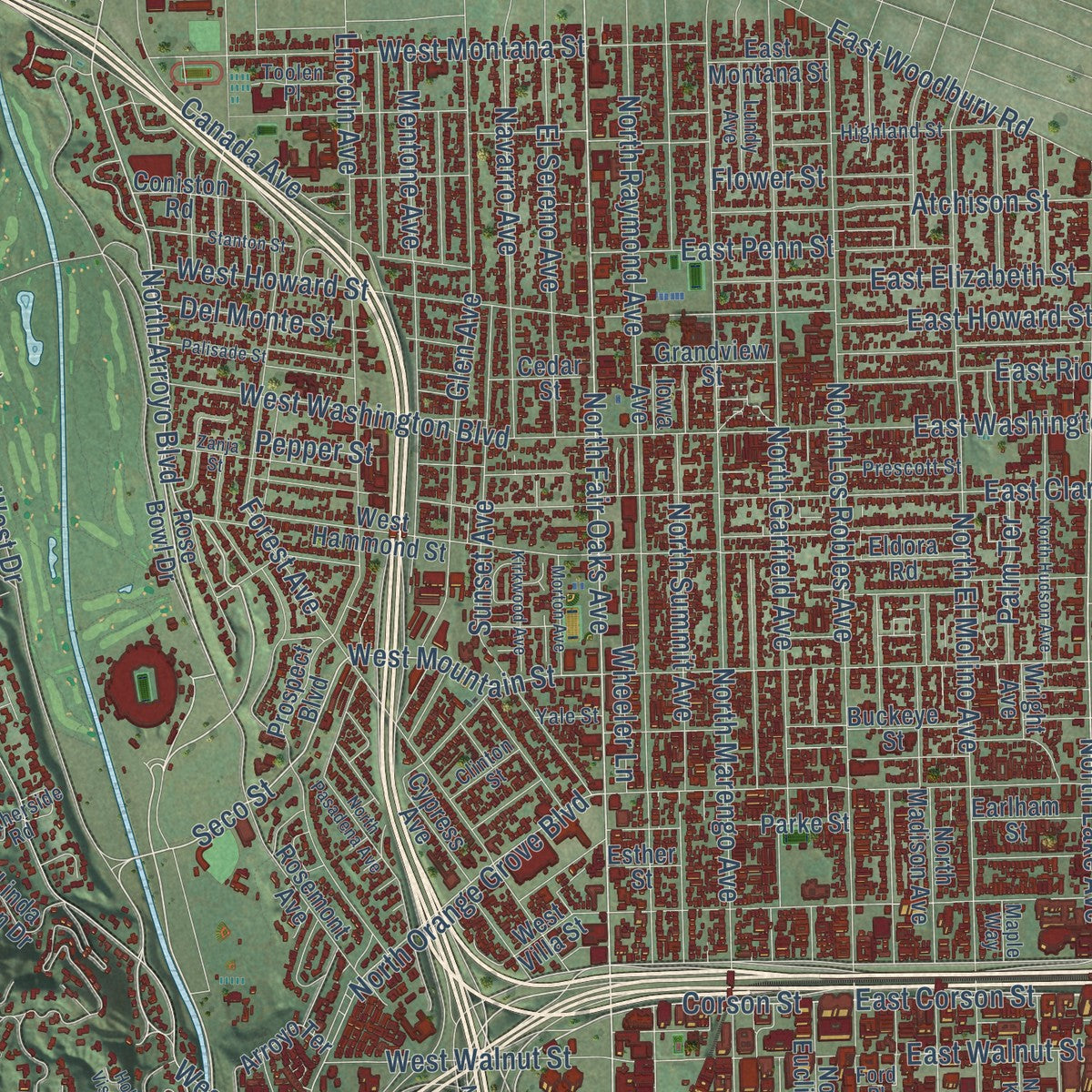 Close-up of the map of Pasadena, California print showing street and building detail