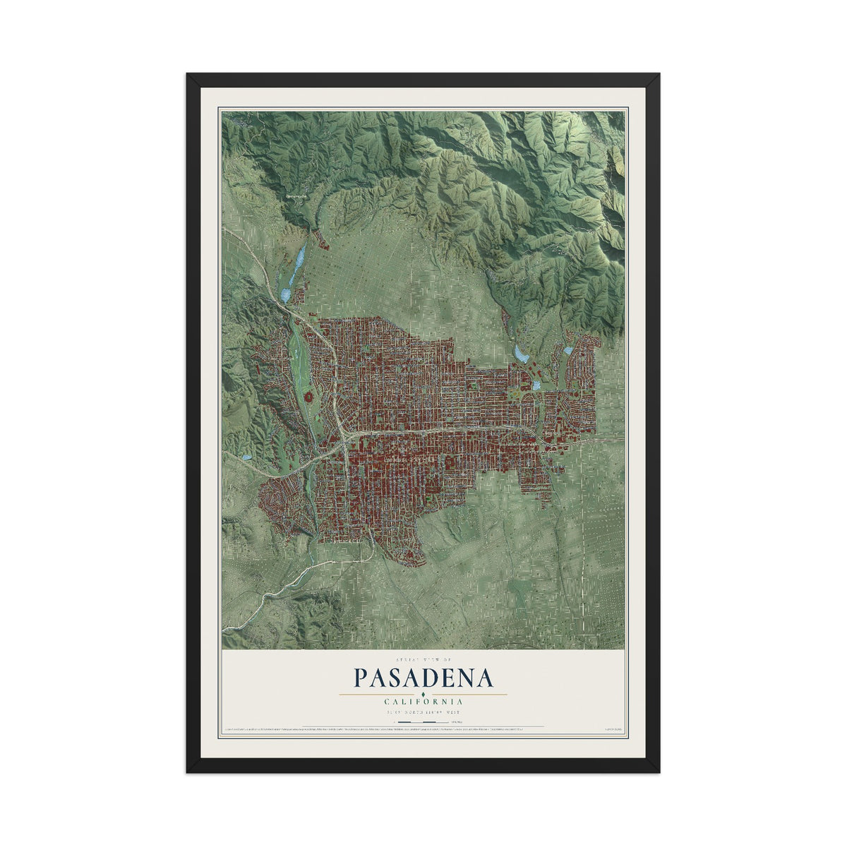 Map of Pasadena, California, 12 x 18 inch print in a black wood frame