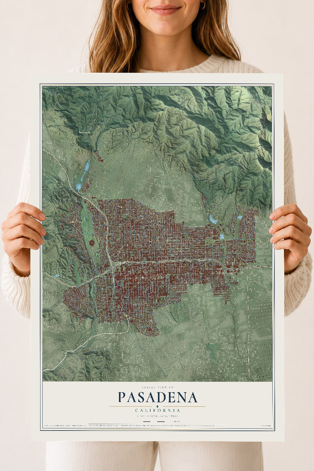 Map of Pasadena, California, 18 x 24 inch unframed archival matte print