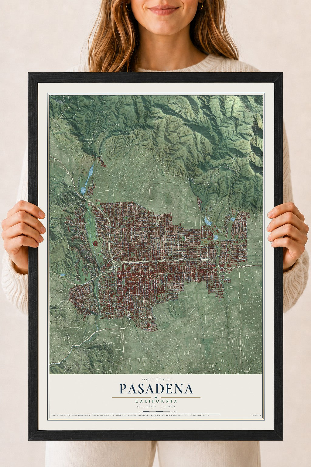 Map of Pasadena, California, 18 x 24 inch print in a black wood frame