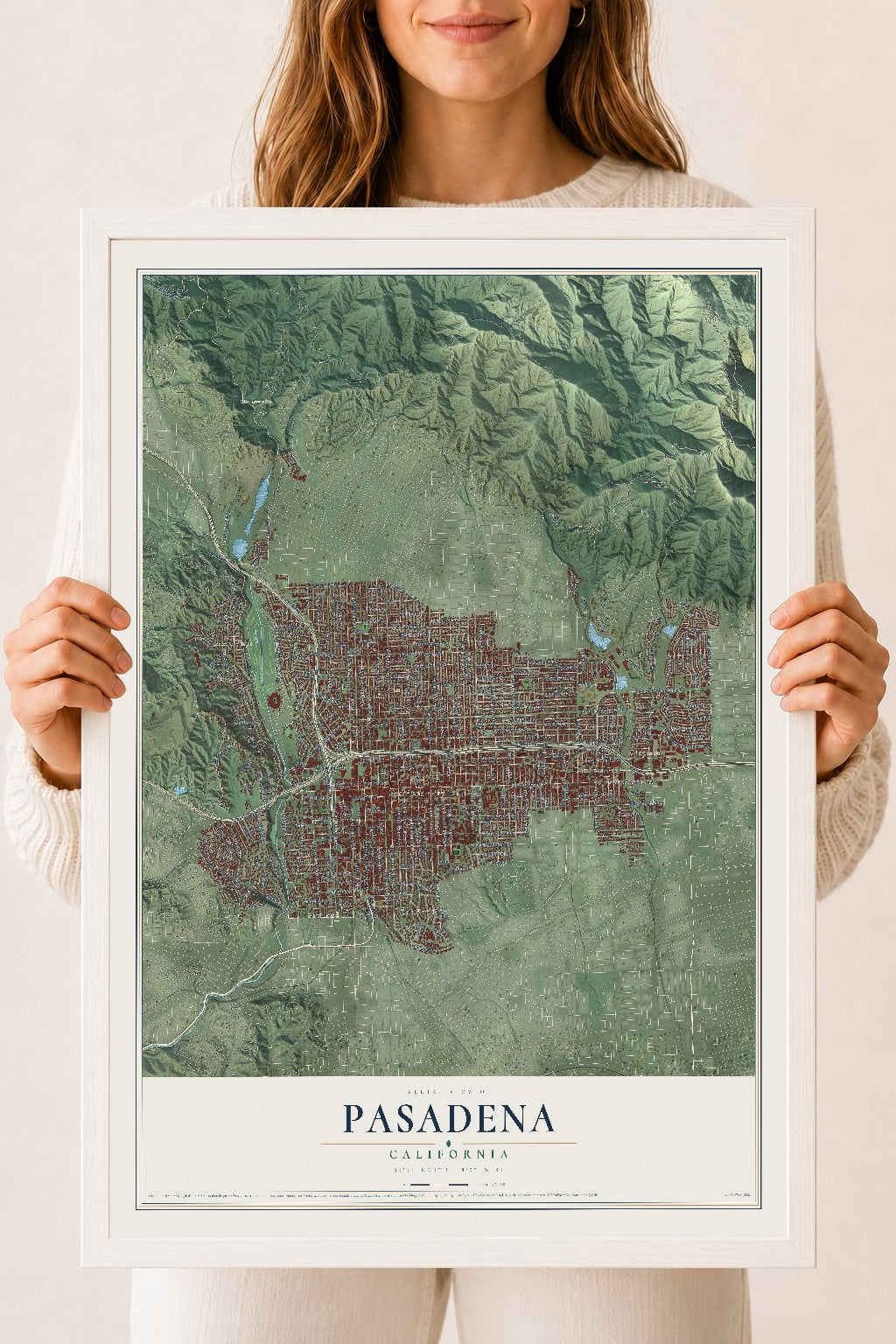 Map of Pasadena, California, 18 x 24 inch print in a white wood frame