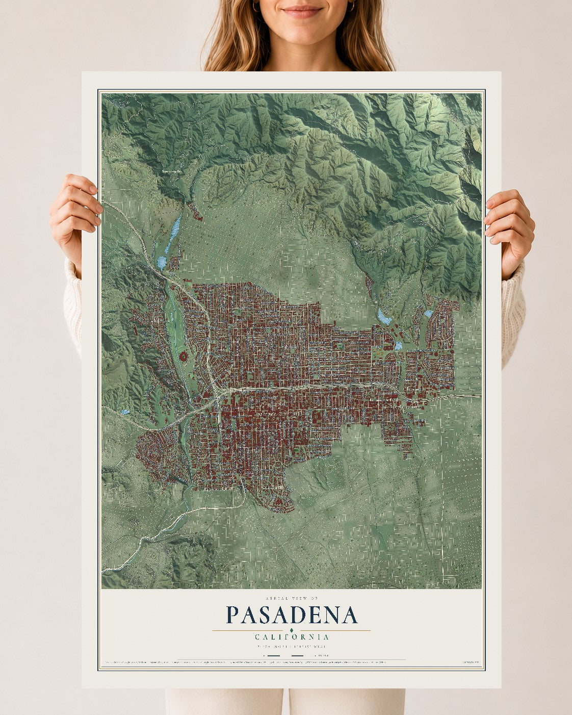 Map of Pasadena, California, 24 x 36 inch unframed archival matte print