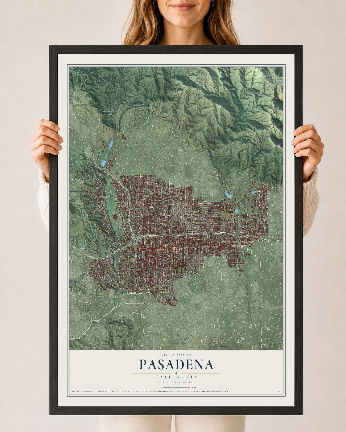 Map of Pasadena, California, 24 x 36 inch print in a black wood frame