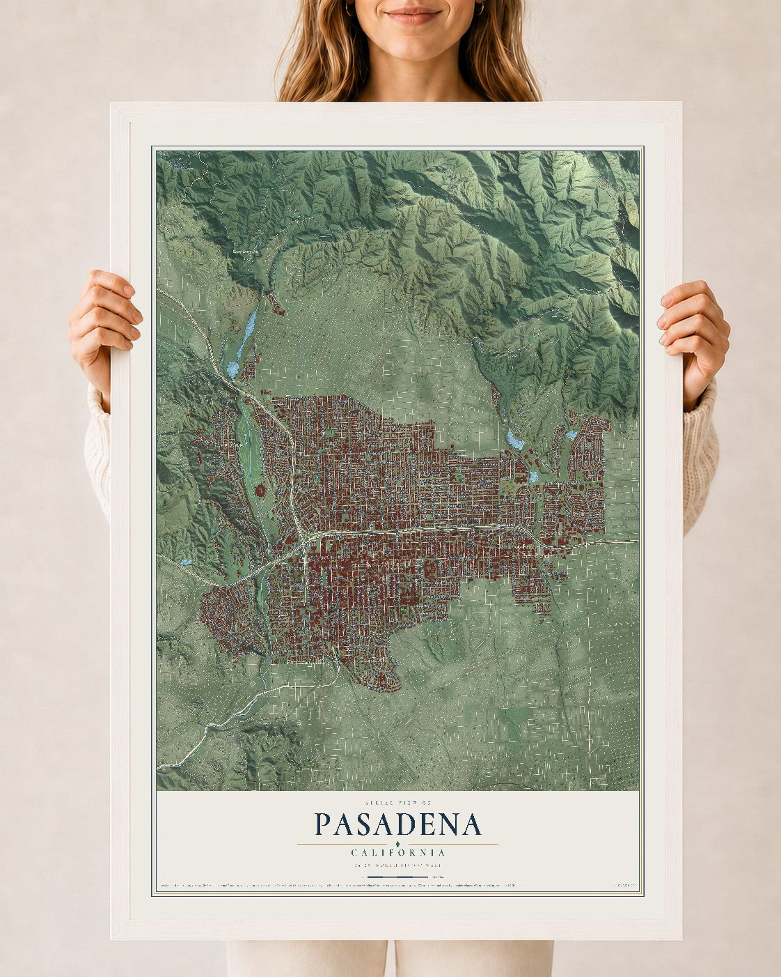 Map of Pasadena, California, 24 x 36 inch print in a white wood frame