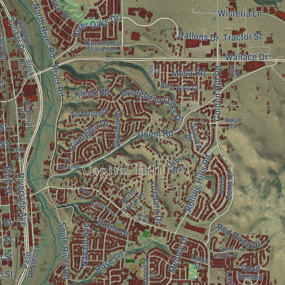Close-up of the map of Paso Robles, California print showing street and building detail