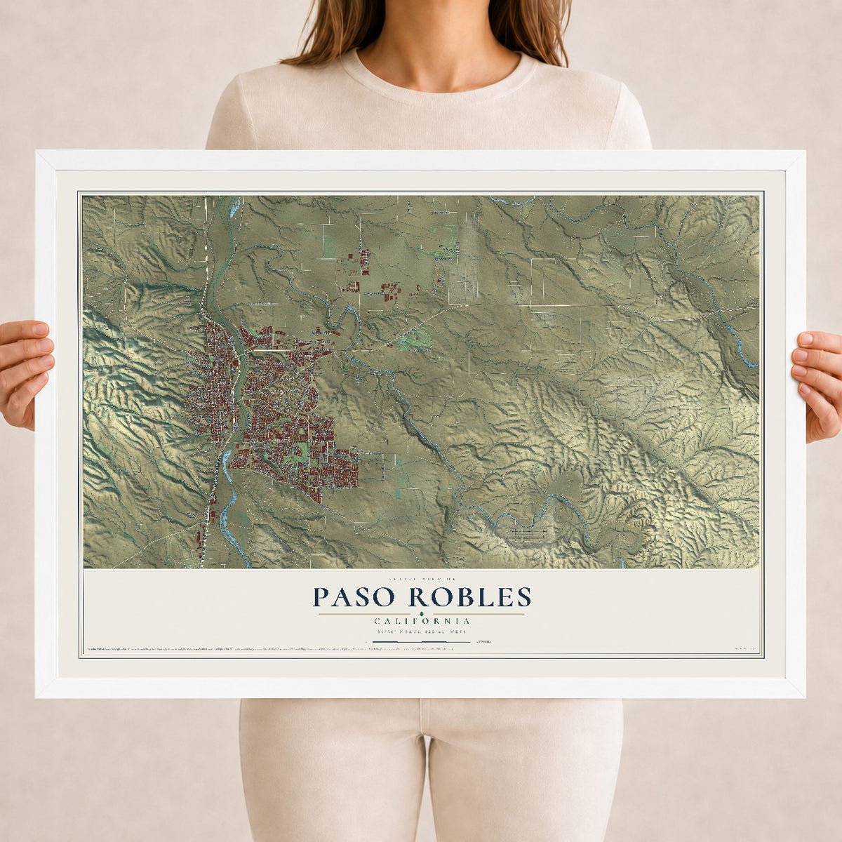 Map of Paso Robles, California, 18 x 24 inch print in a white wood frame