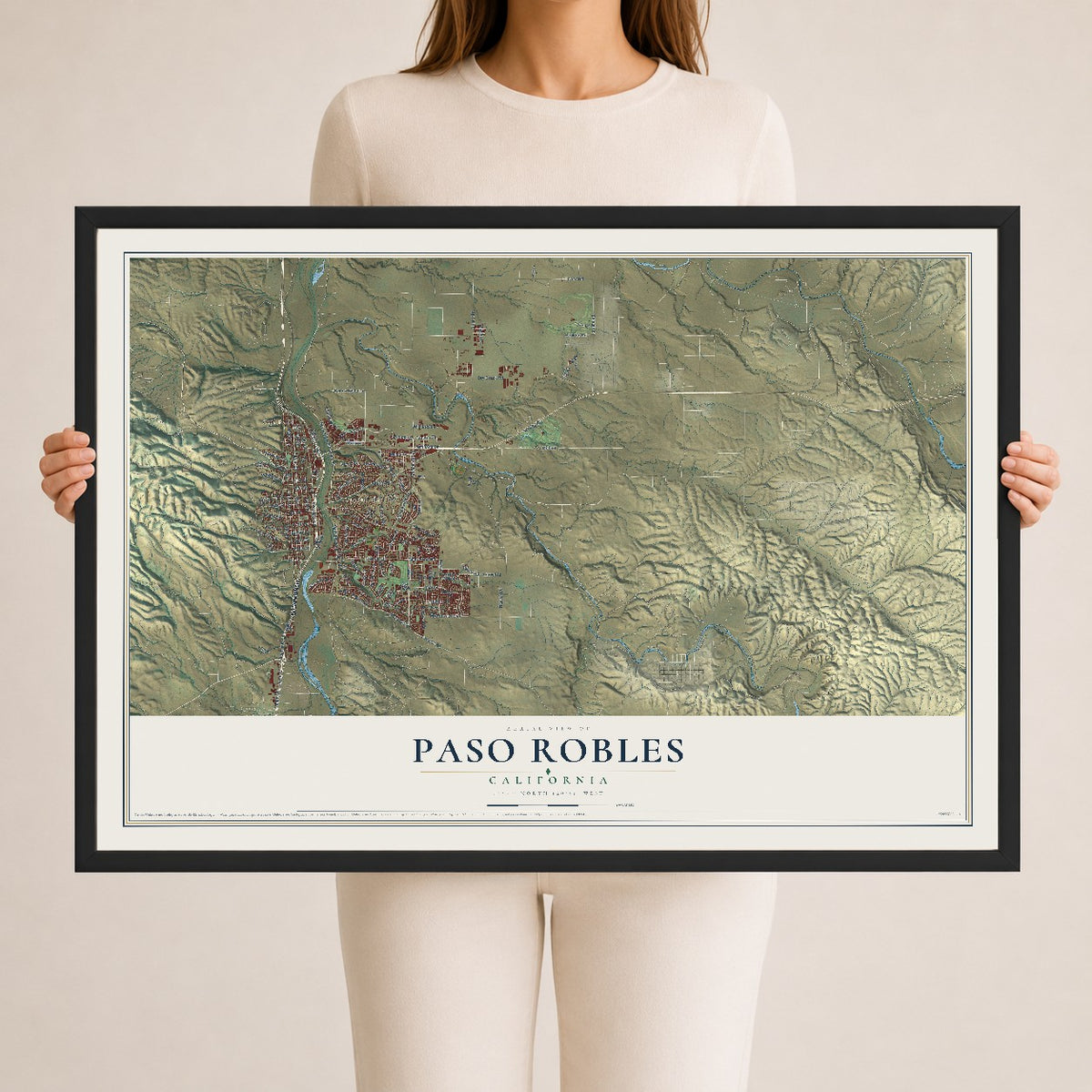 Map of Paso Robles, California, 24 x 36 inch print in a black wood frame