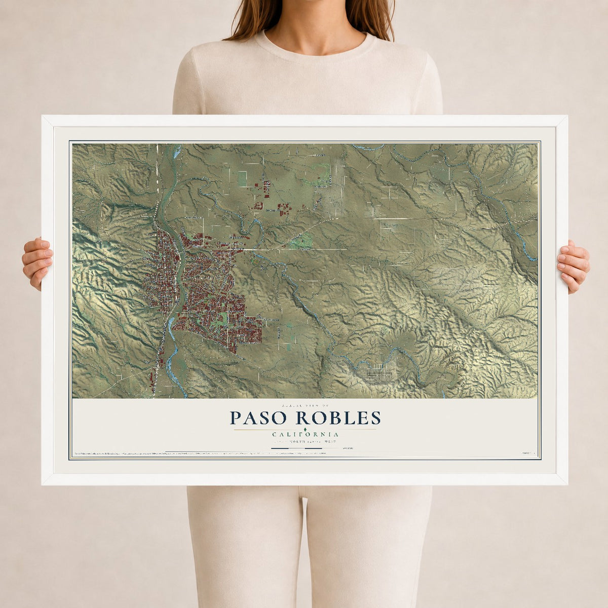 Map of Paso Robles, California, 24 x 36 inch print in a white wood frame