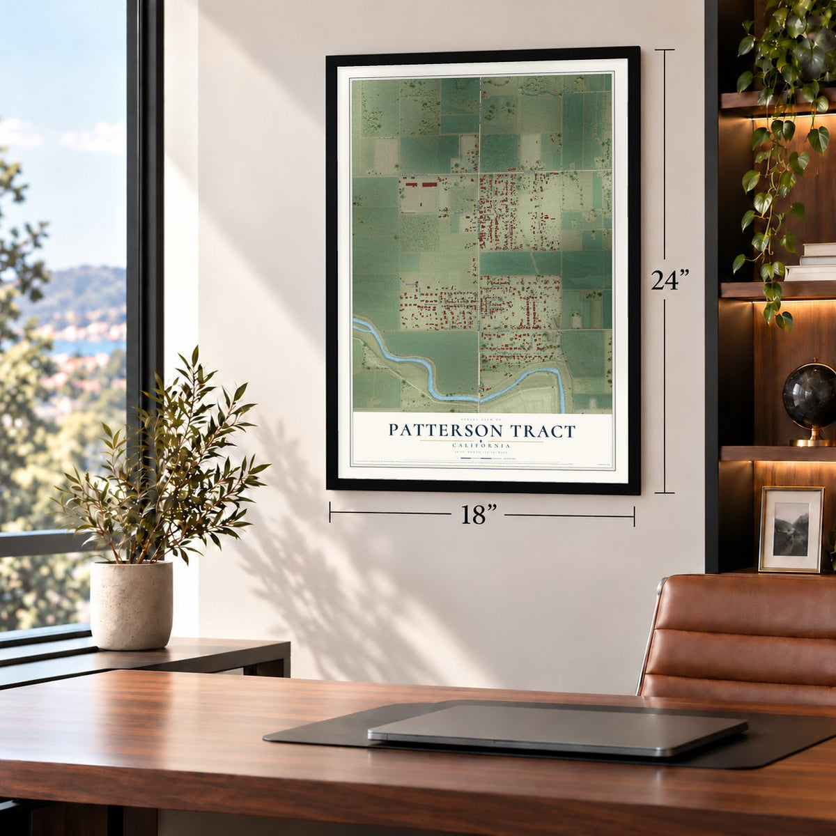 Patterson Tract, California map, 18 x 24 inch print in a black frame in a home office