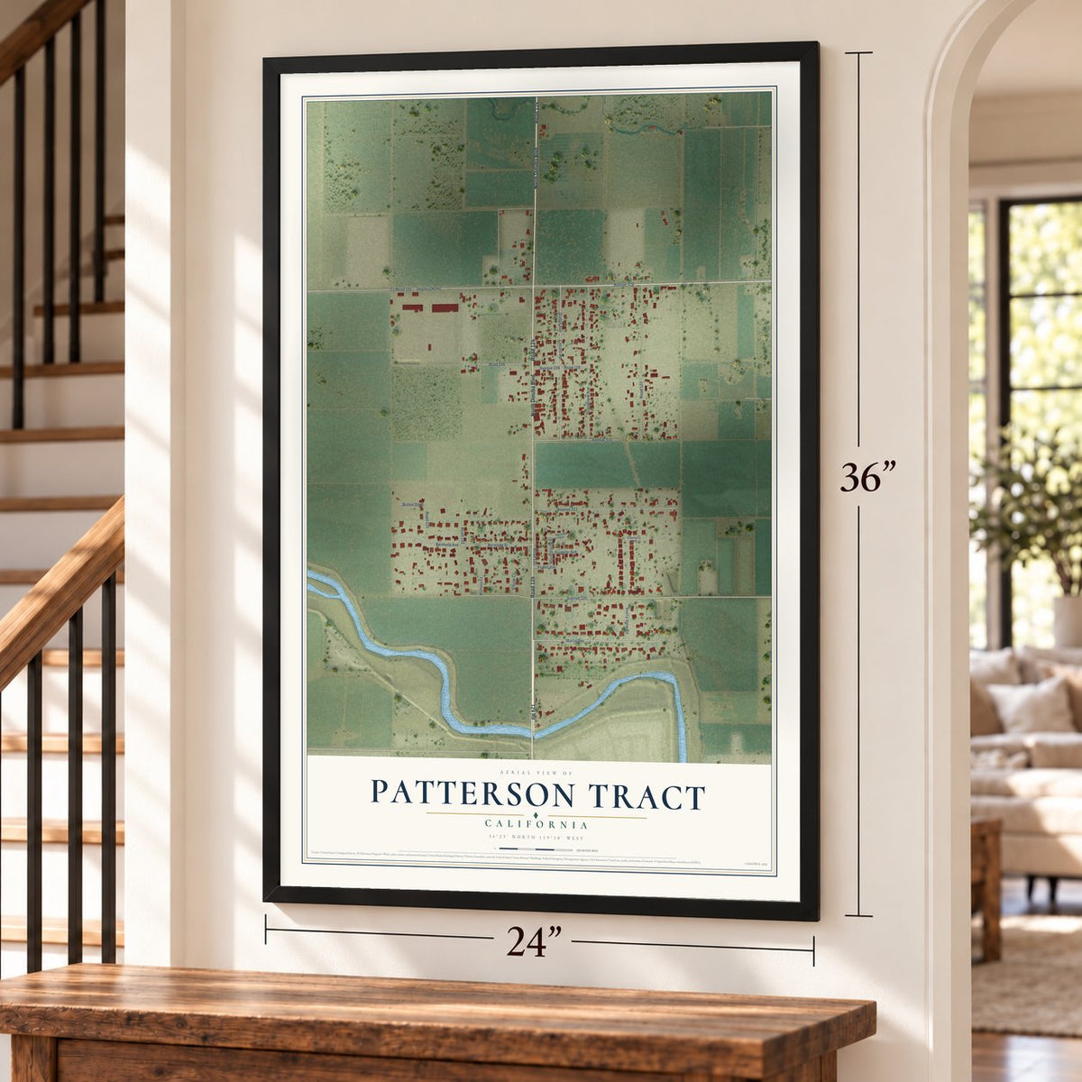 Patterson Tract, California map, 24 x 36 inch print in a black frame by a staircase