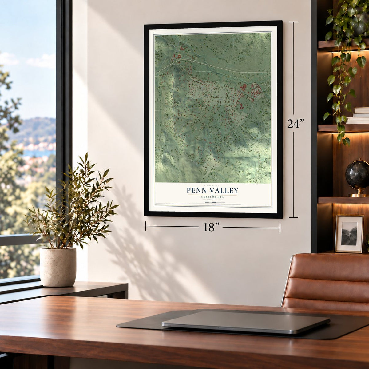 Penn Valley, California map, 18 x 24 inch print in a black frame in a home office