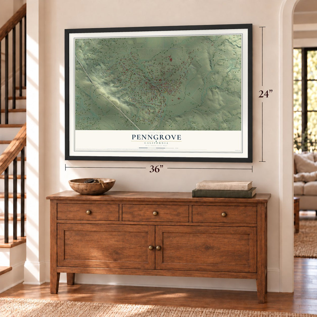 Penngrove, California map, 24 x 36 inch print in a black frame above a dresser by a staircase