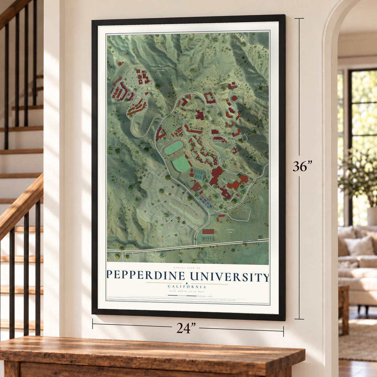 Pepperdine University, California map, 24 x 36 inch print in a black frame by a staircase