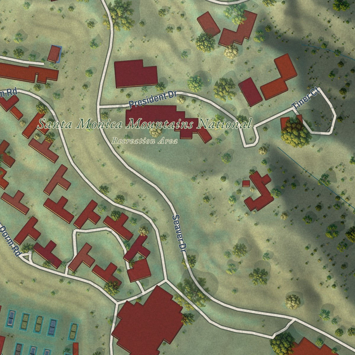 Close-up of the map of Pepperdine University, California print showing street and building detail