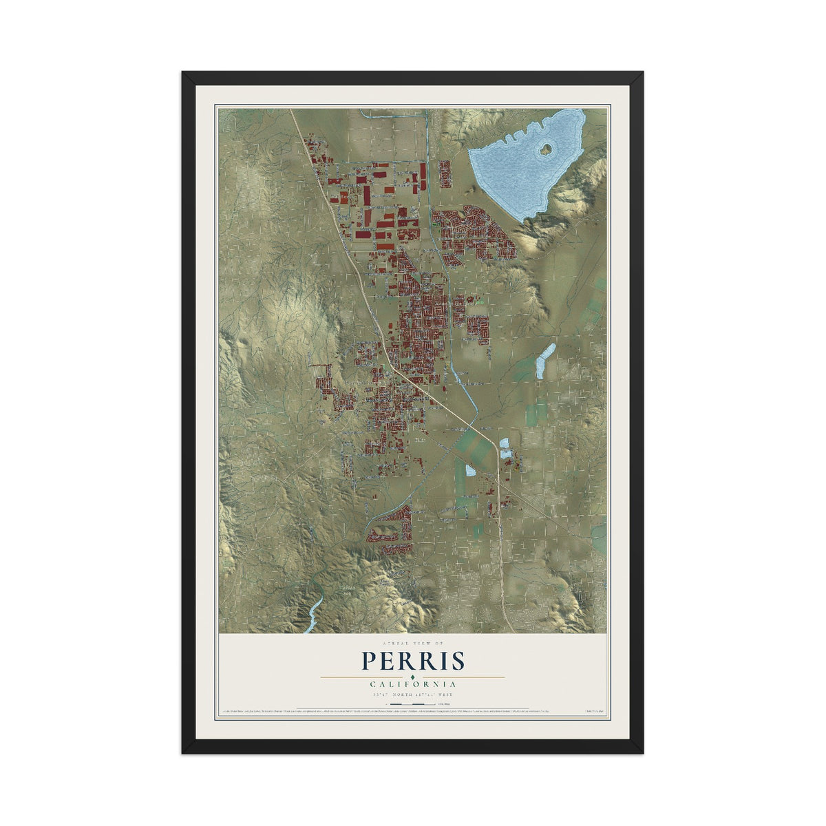 Map of Perris, California, 12 x 18 inch print in a black wood frame