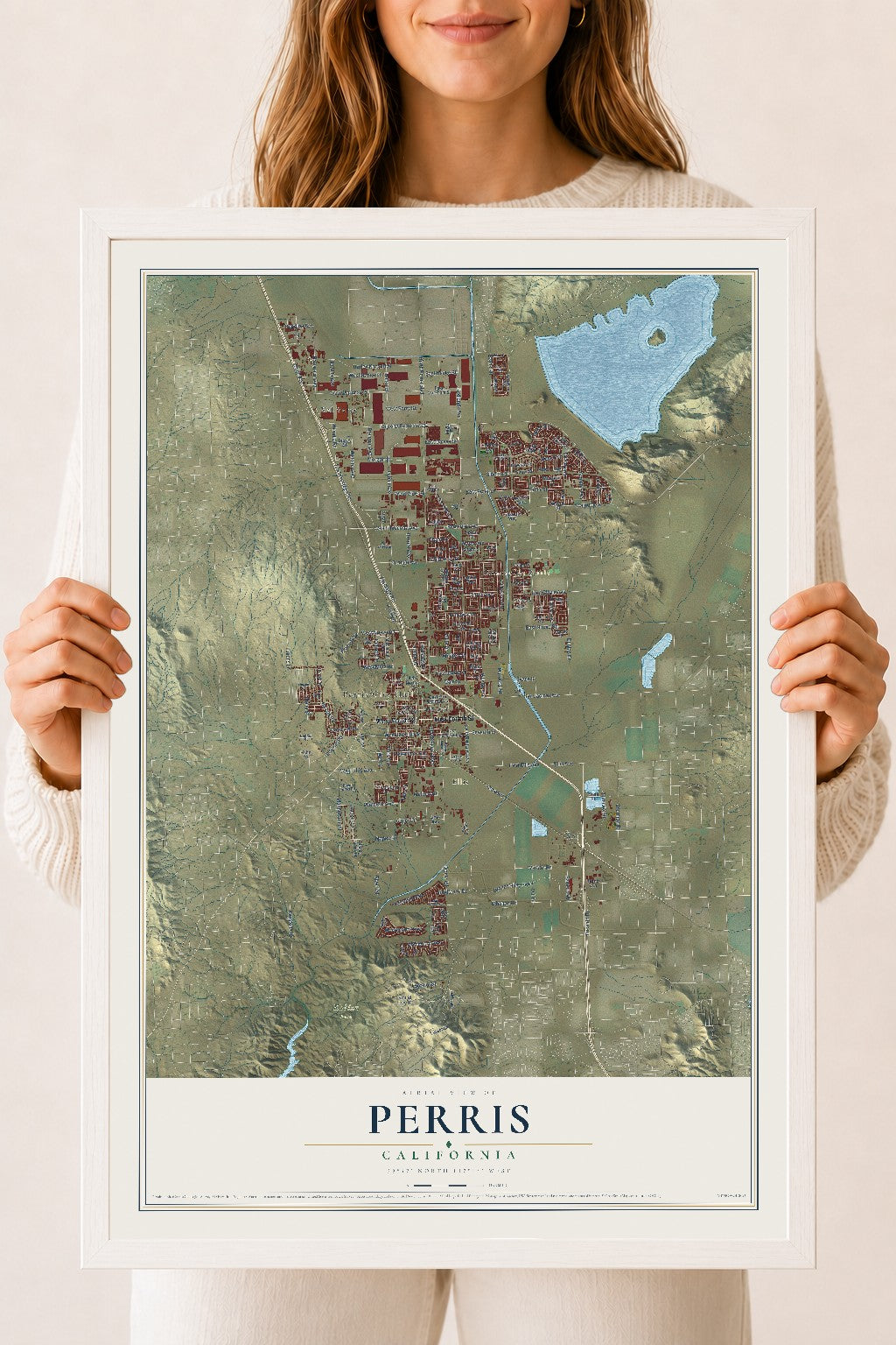 Map of Perris, California, 18 x 24 inch print in a white wood frame