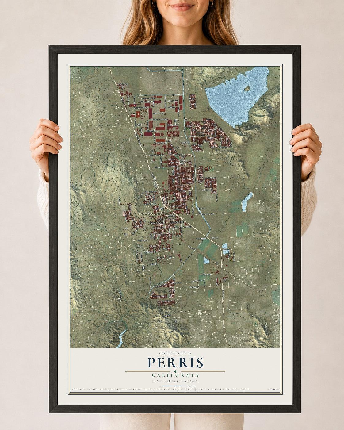 Map of Perris, California, 24 x 36 inch print in a black wood frame
