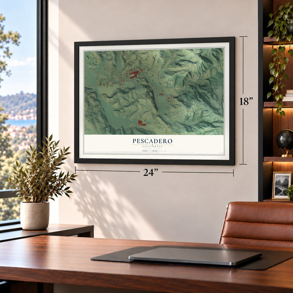 Pescadero, California map, 18 x 24 inch print in a black frame in a home office