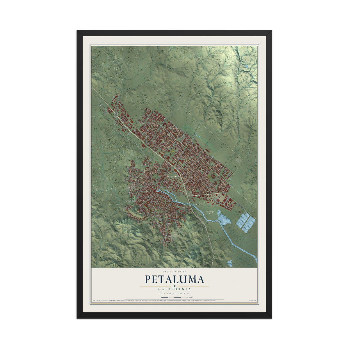 Map of Petaluma, California, 12 x 18 inch print in a black wood frame