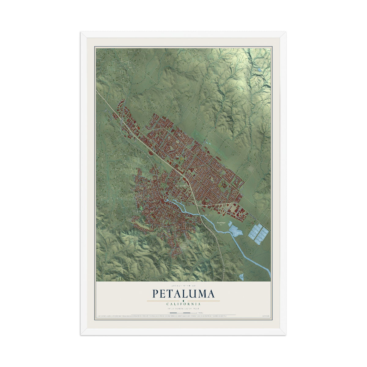 Map of Petaluma, California, 12 x 18 inch print in a white wood frame