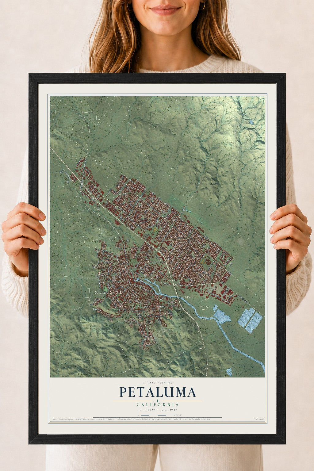 Map of Petaluma, California, 18 x 24 inch print in a black wood frame