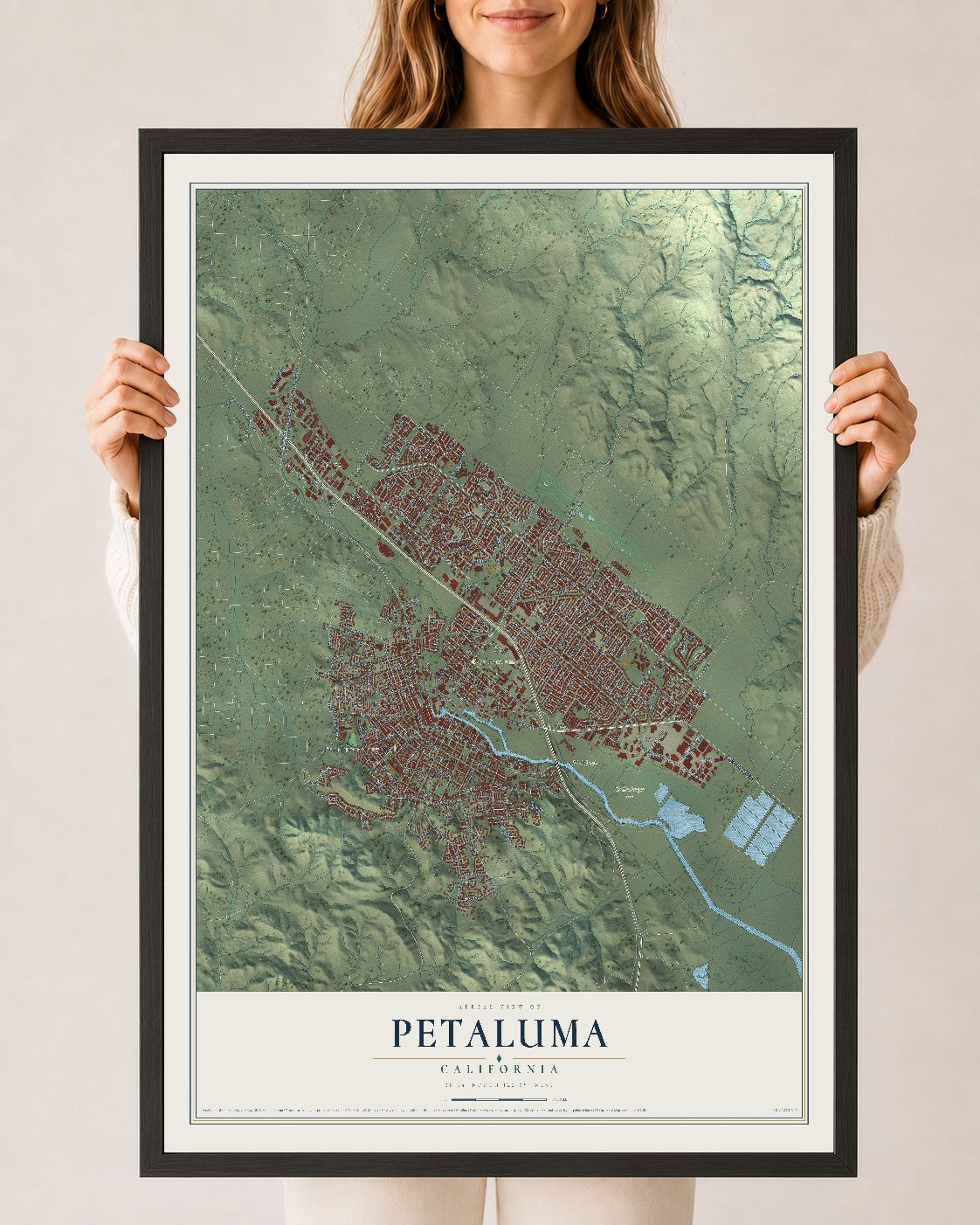 Map of Petaluma, California, 24 x 36 inch print in a black wood frame