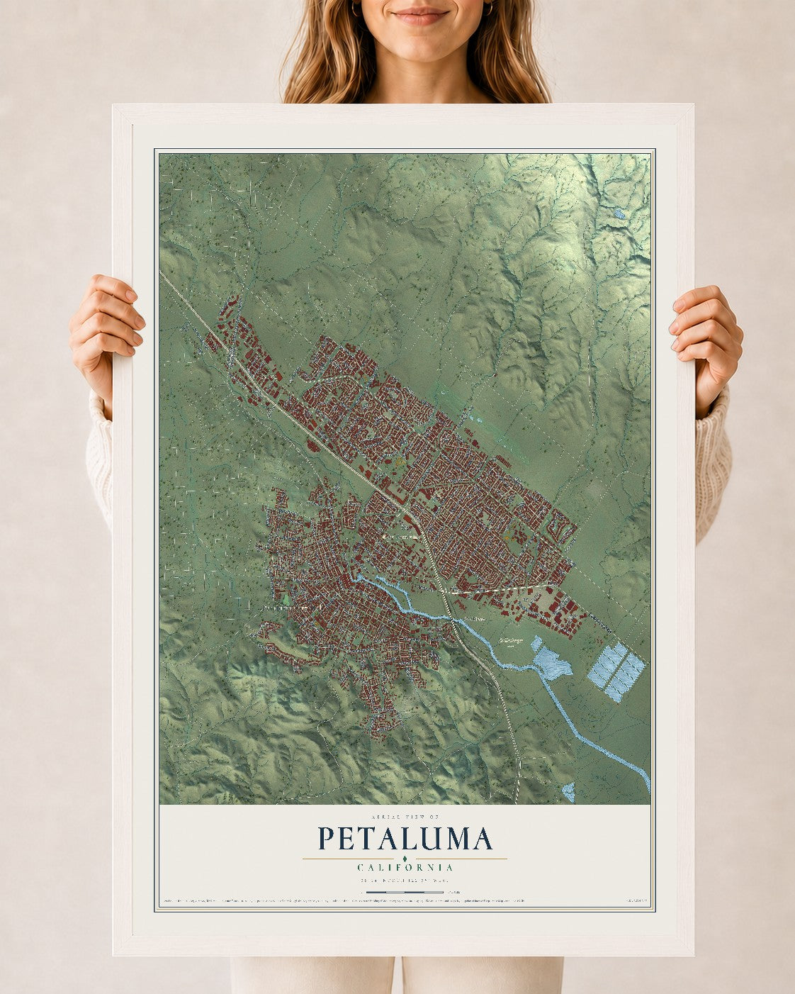 Map of Petaluma, California, 24 x 36 inch print in a white wood frame