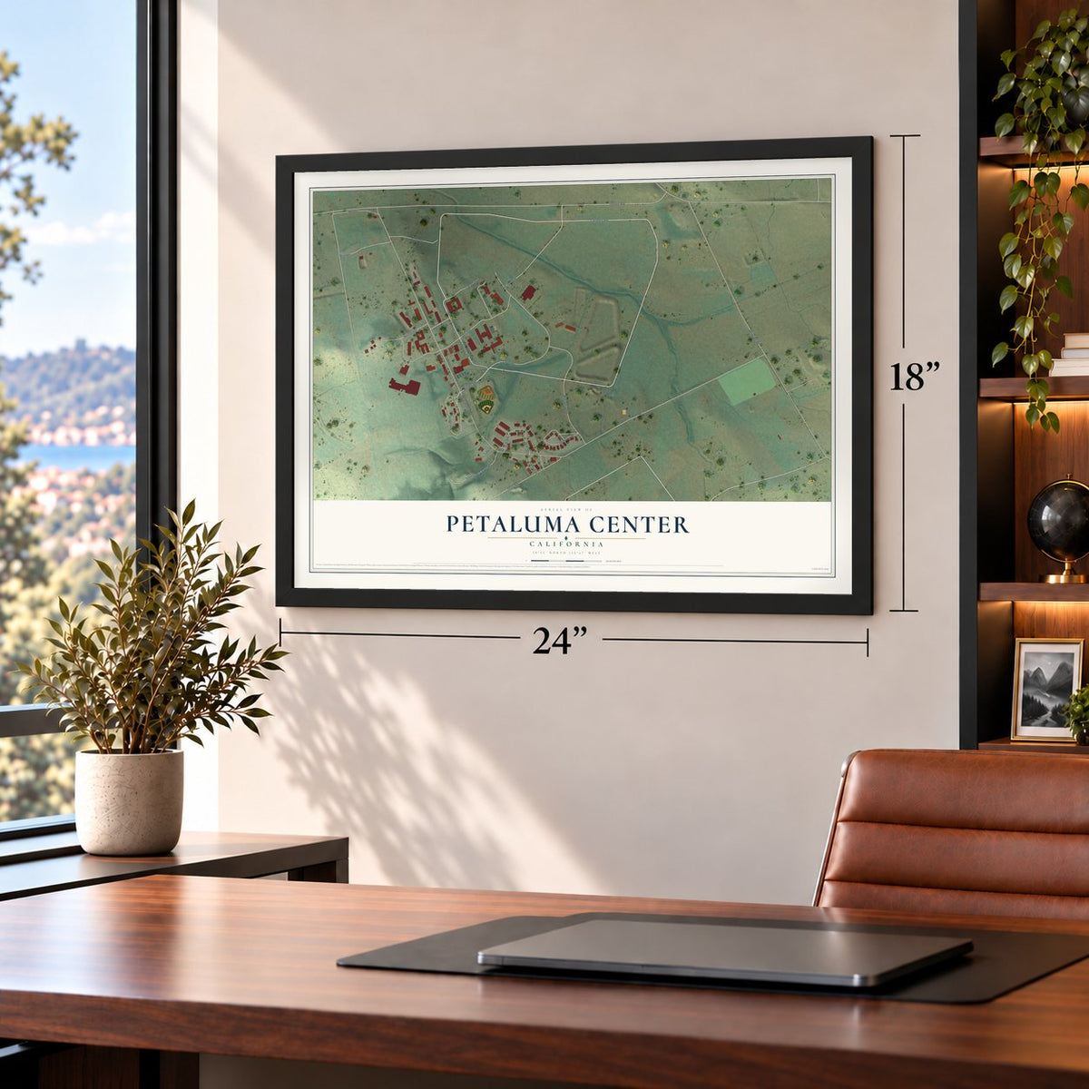 Petaluma Center, California map, 18 x 24 inch print in a black frame in a home office