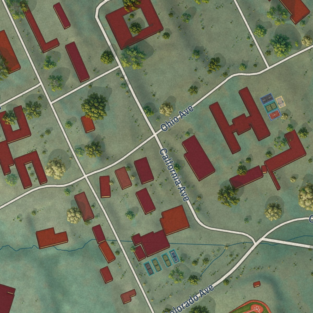 Close-up of the map of Petaluma Center, California print showing street and building detail