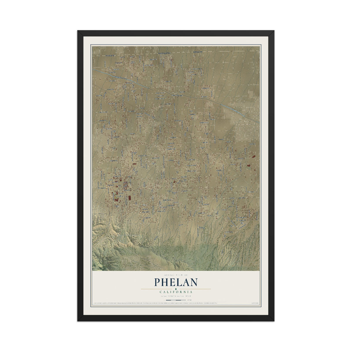 Map of Phelan, California, 12 x 18 inch print in a black wood frame