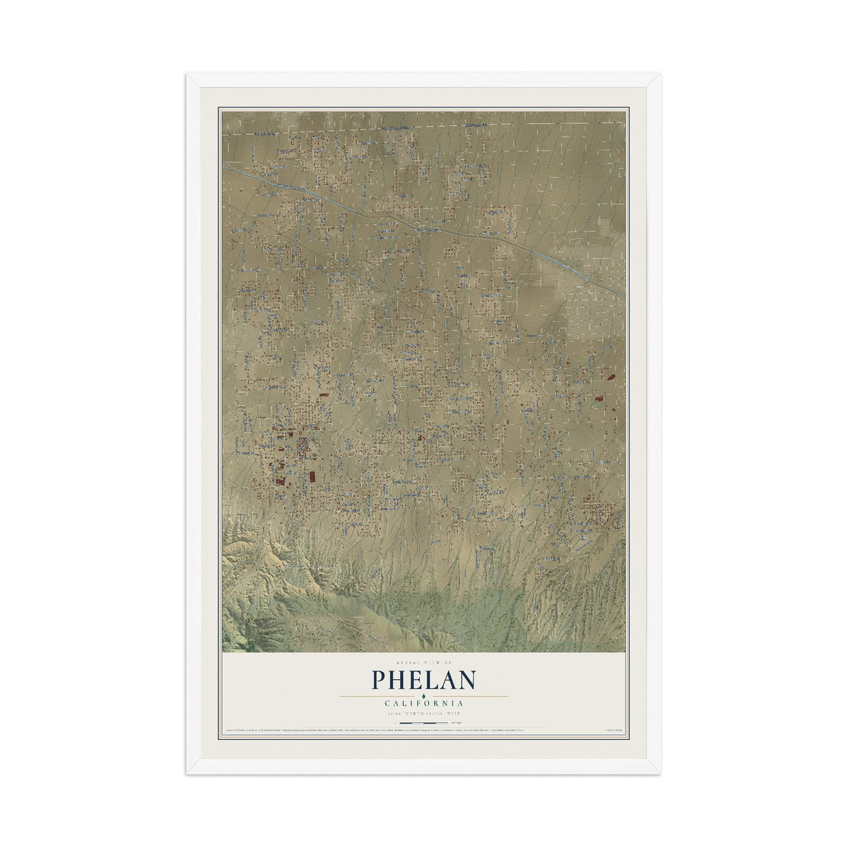 Map of Phelan, California, 12 x 18 inch print in a white wood frame
