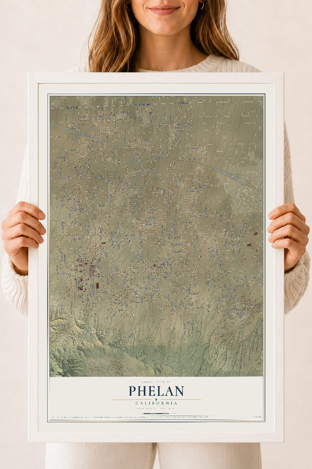 Map of Phelan, California, 18 x 24 inch print in a white wood frame