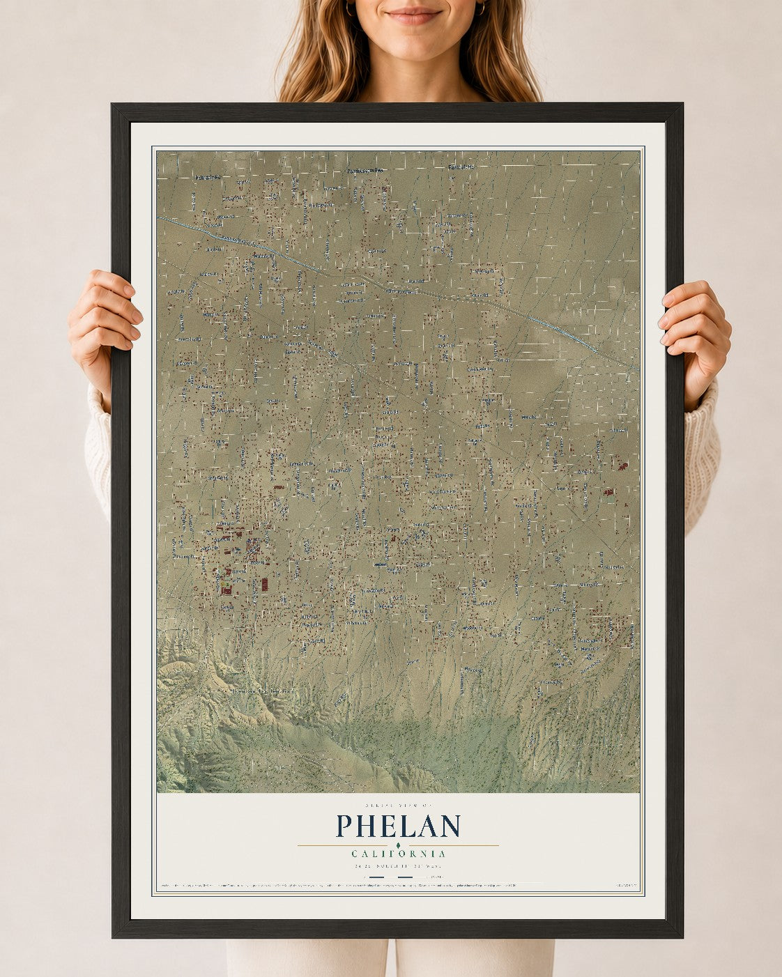 Map of Phelan, California, 24 x 36 inch print in a black wood frame