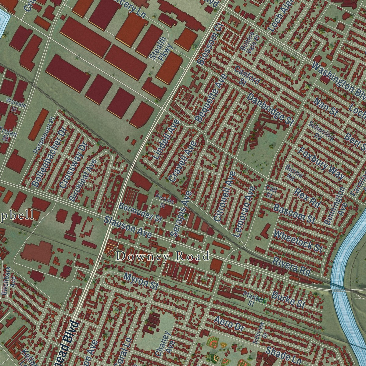 Close-up of the map of Pico Rivera, California print showing street and building detail
